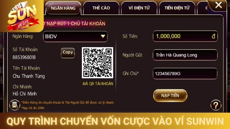 Quy trình chuyển vốn cược vào ví Sunwin